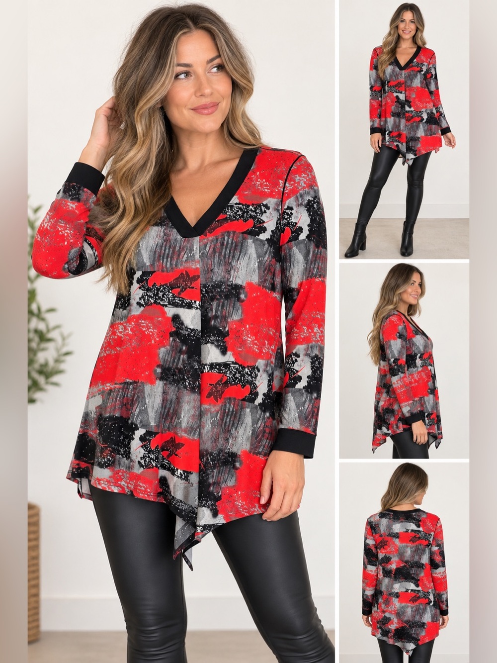 Eva Varro Tunic Top M Red Black Abstract Asymmetrical Artsy Avant Garde J97